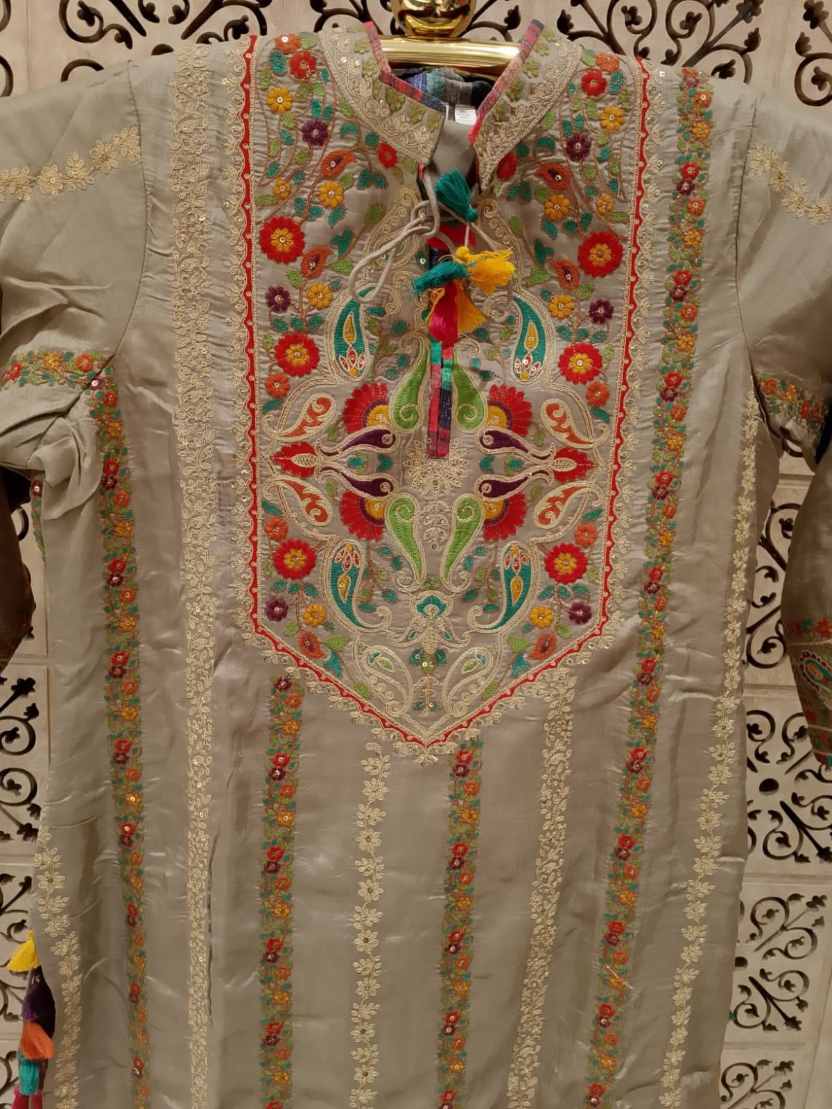Warm Grey Embroidered Straight Kurta, Tapered Pants & Rust Dupatta Set