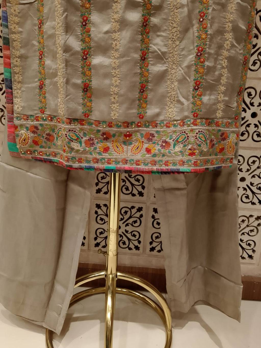 Warm Grey Embroidered Straight Kurta, Tapered Pants & Rust Dupatta Set