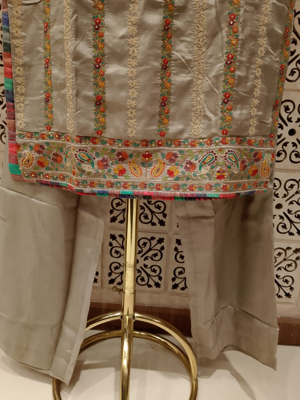 Warm Grey Embroidered Straight Kurta, Tapered Pants & Rust Dupatta Set