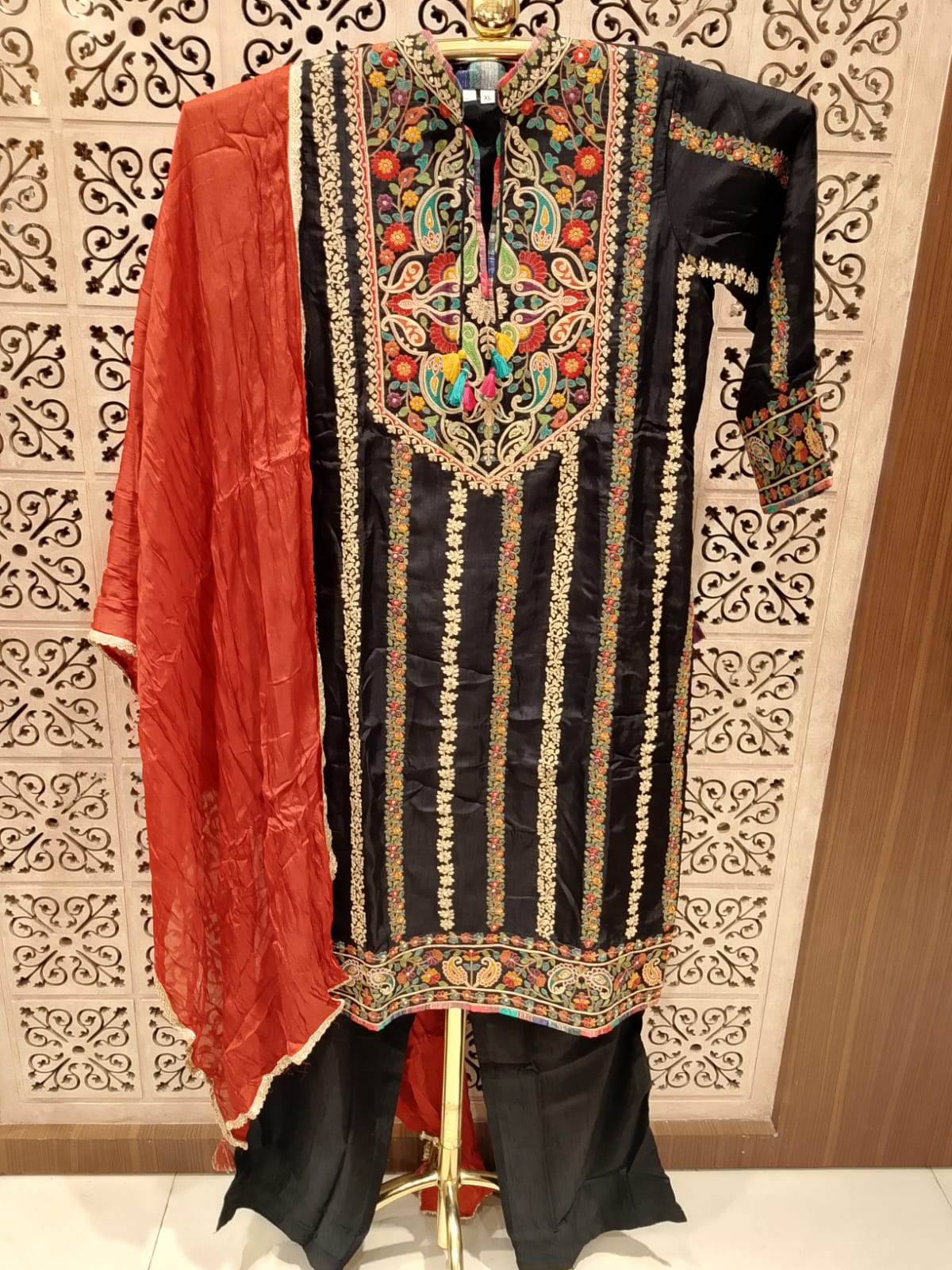 Charcoal Black Embroidered Straight Kurta, Straight Pants & Rust Dupatta Set