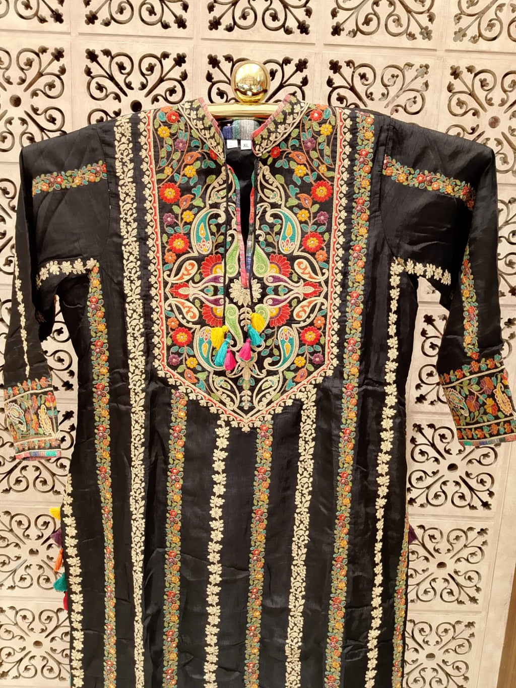 Charcoal Black Embroidered Straight Kurta, Straight Pants & Rust Dupatta Set