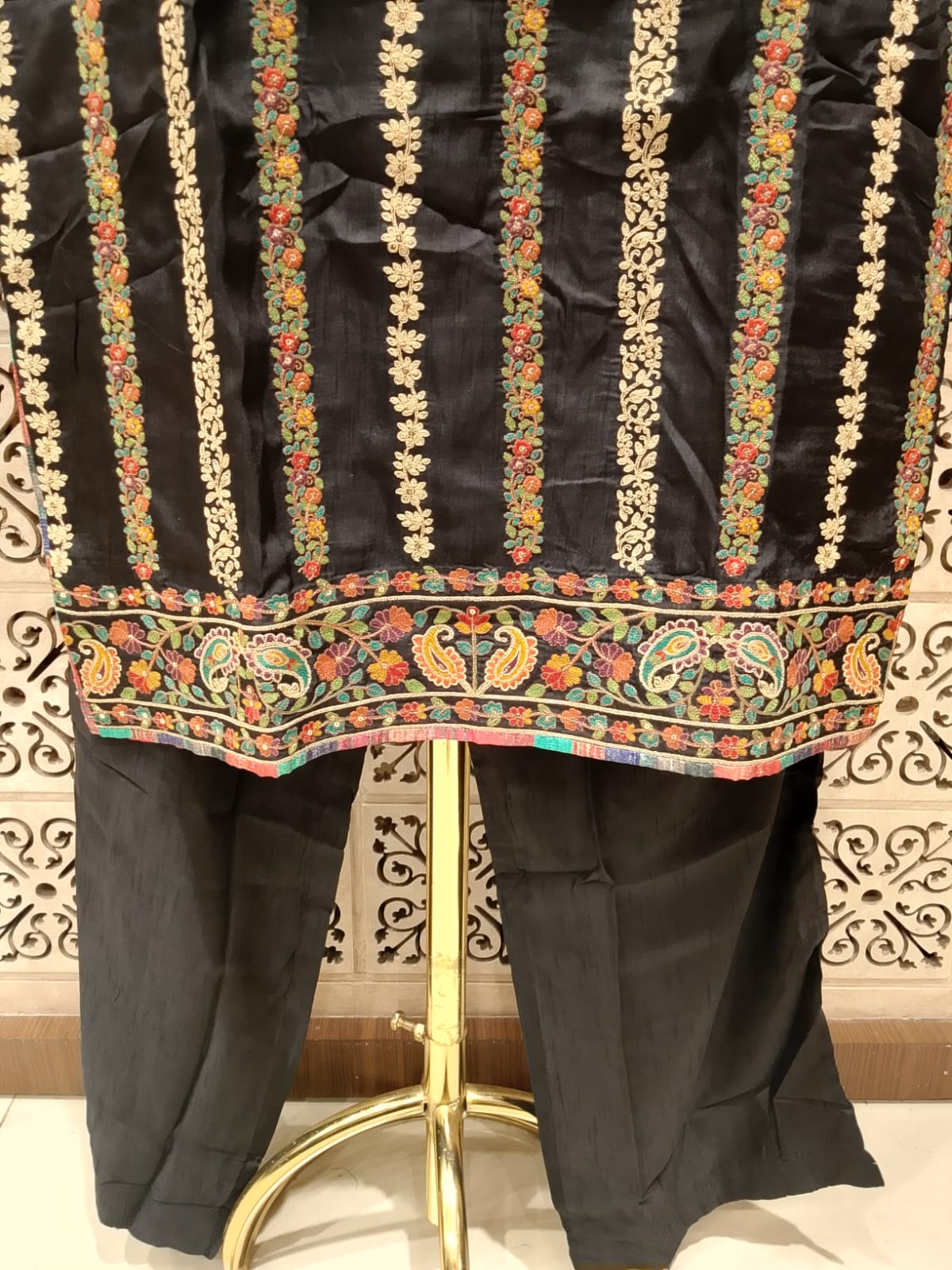 Charcoal Black Embroidered Straight Kurta, Straight Pants & Rust Dupatta Set