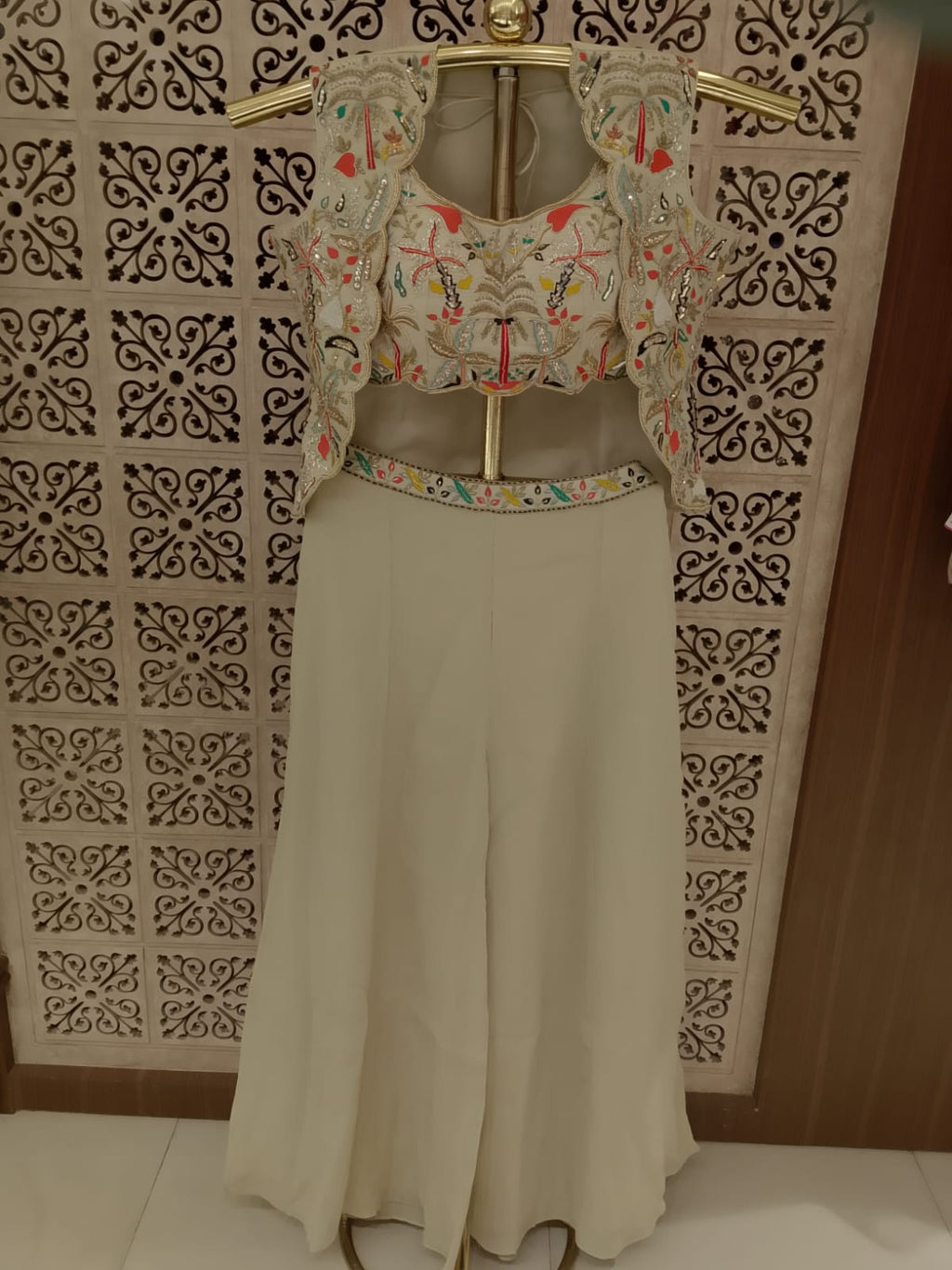 Ivory Floral Embroidered Koti Jacket, Crop Top & Palazzo 3-Piece Set