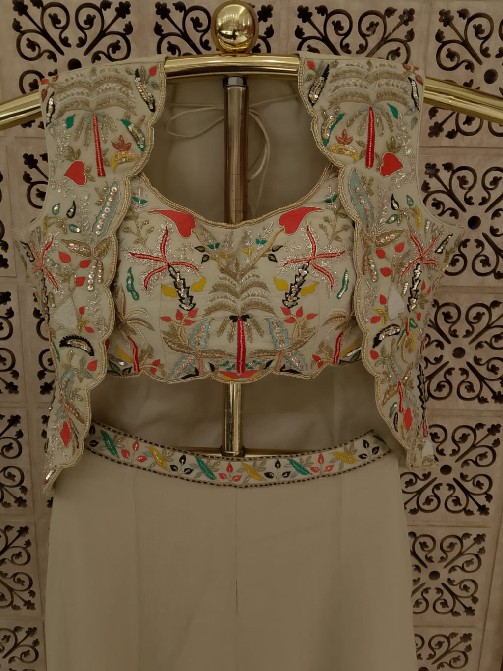 Ivory Floral Embroidered Koti Jacket, Crop Top & Palazzo 3-Piece Set