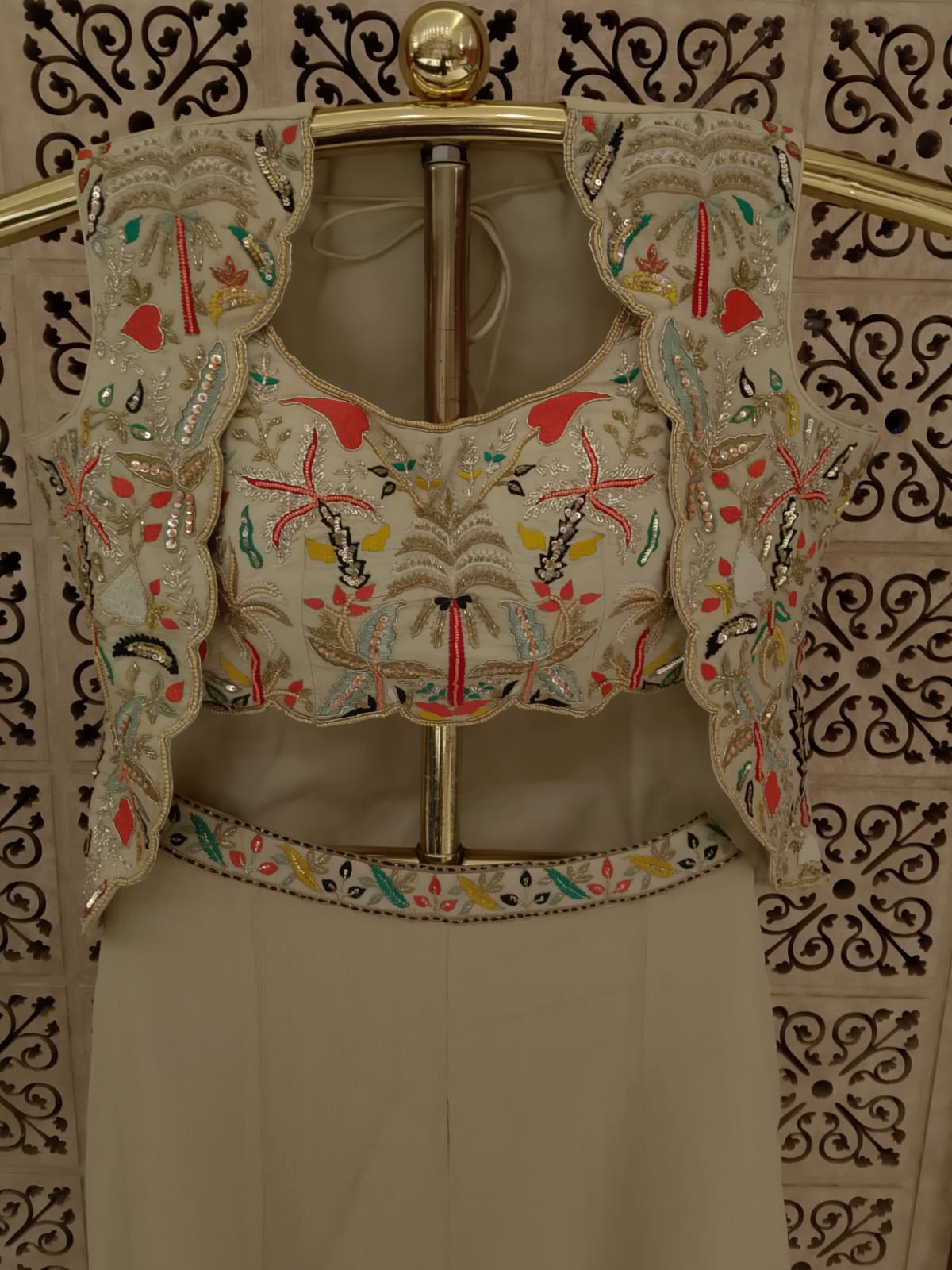 Ivory Floral Embroidered Koti Jacket, Crop Top & Palazzo 3-Piece Set