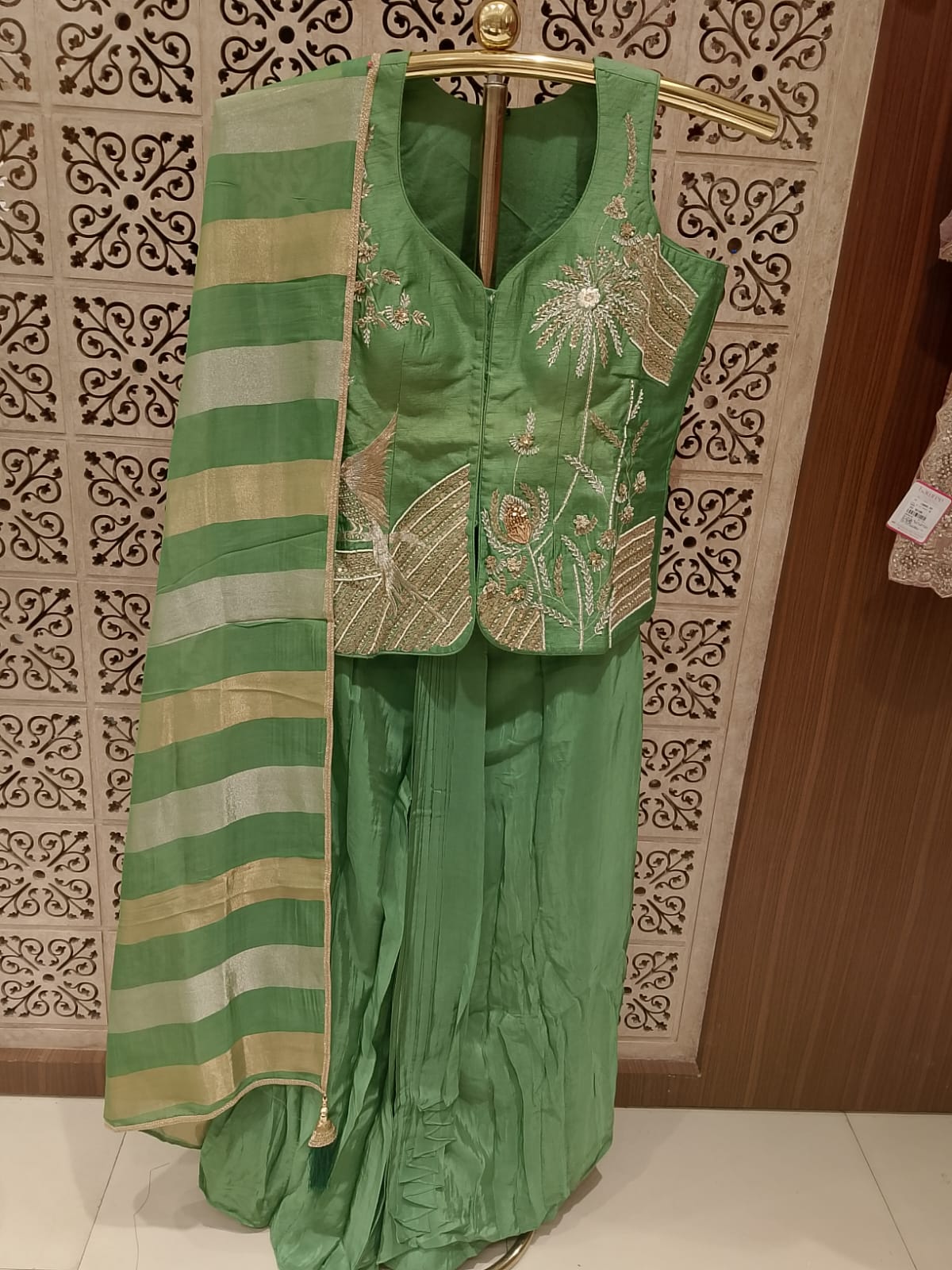Sage Green Embroidered Waistcoat,Tulip Skirt & Dupatta 3-Piece Set.