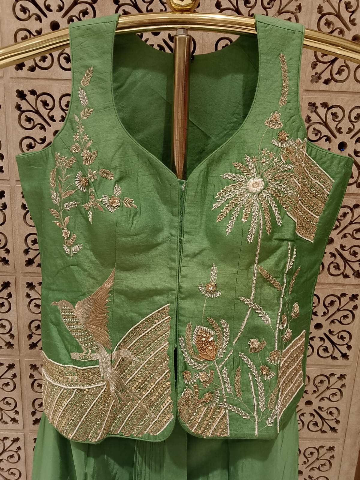 Sage Green Embroidered Waistcoat,Tulip Skirt & Dupatta 3-Piece Set.