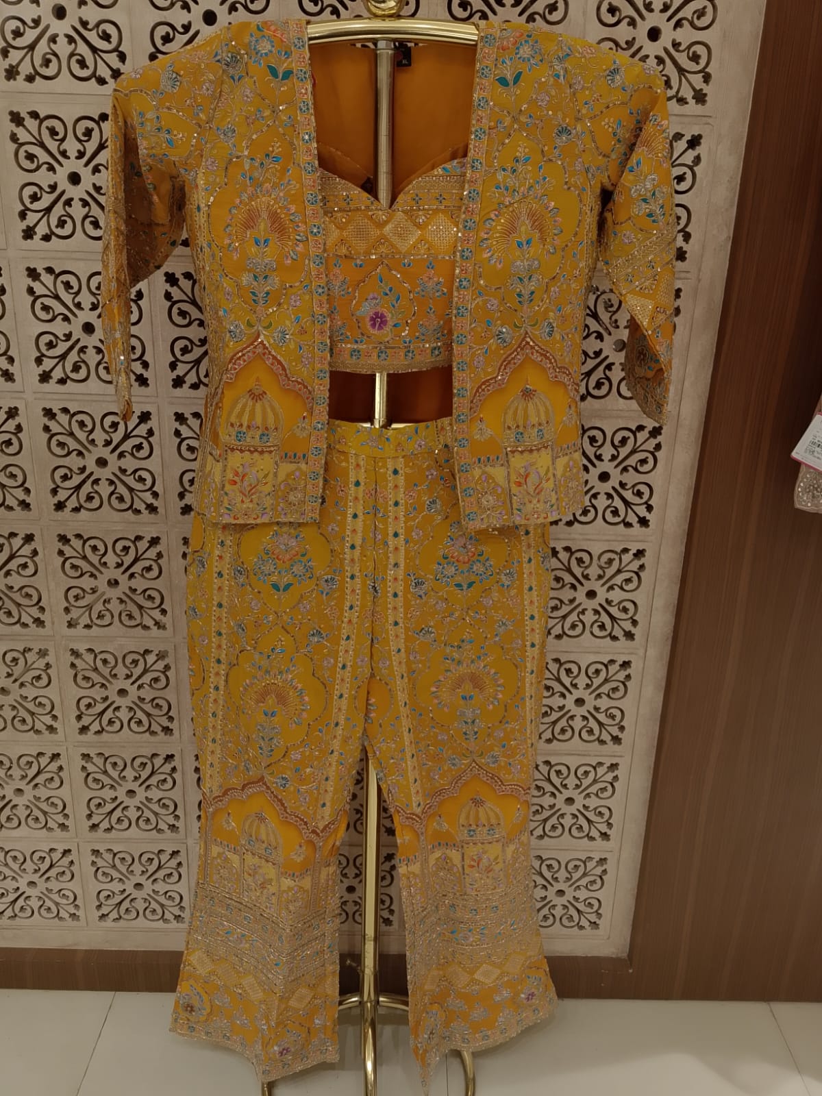 Mustard Yellow Embroidered Shrug, Bustier & Palazzo 3-Piece Set Haldi Ceremony, Mehendi, Sangeet, Festive Celebrations