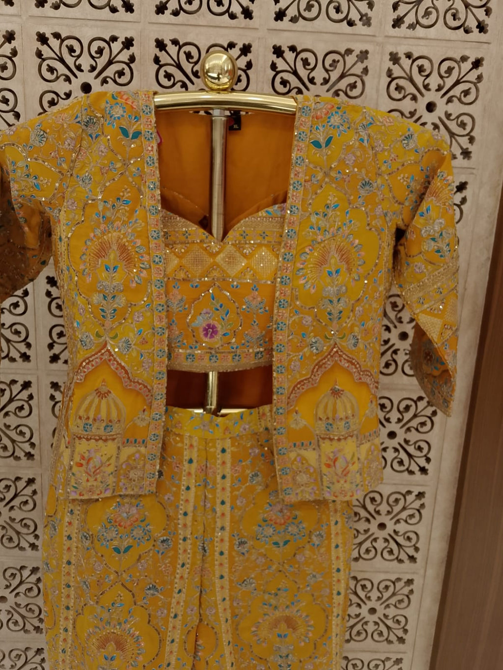 Mustard Yellow Embroidered Shrug, Bustier & Palazzo 3-Piece Set Haldi Ceremony, Mehendi, Sangeet, Festive Celebrations