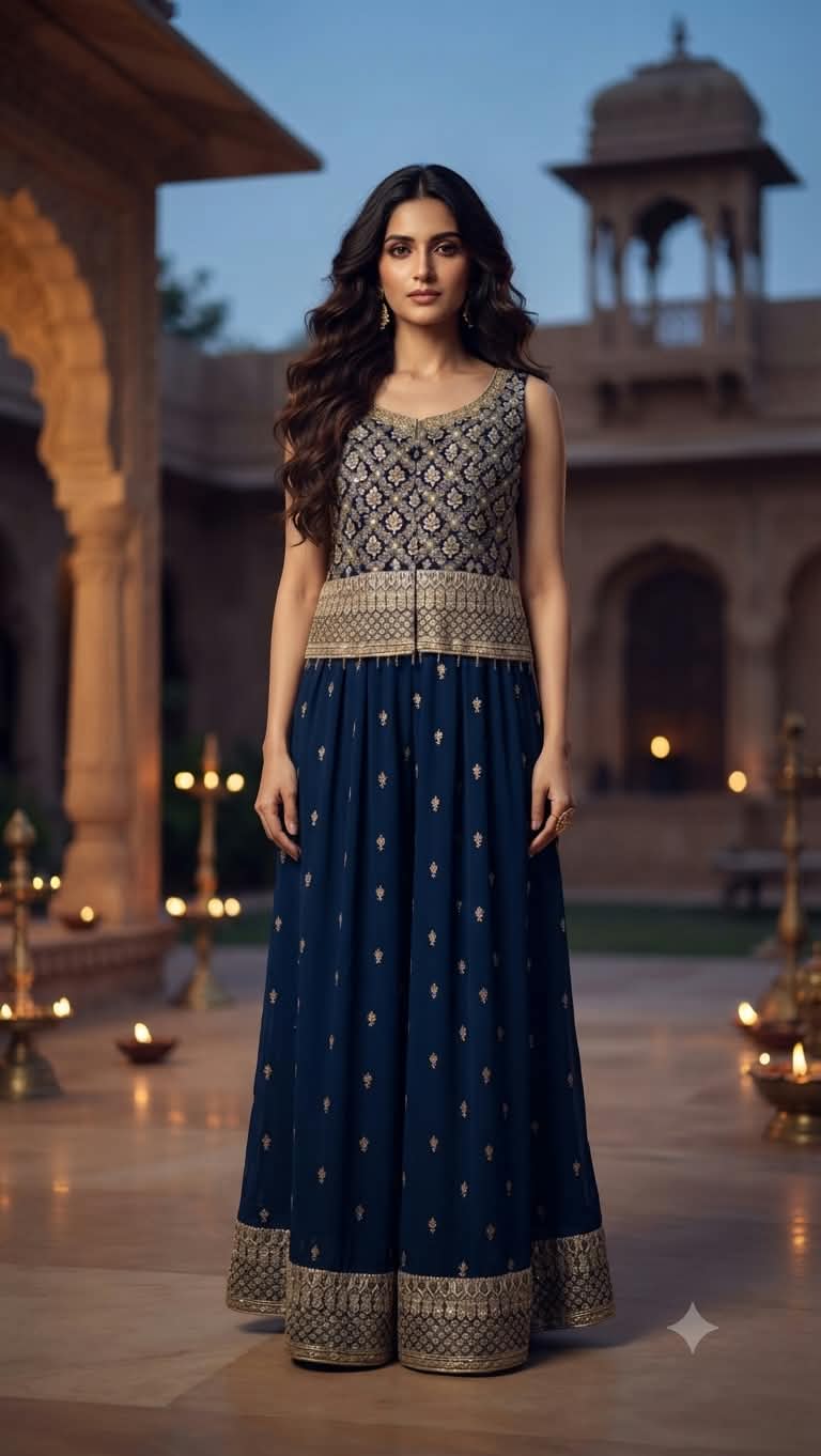 Midnight Navy Blue Embroidered Georgette Short Top & Flared Palazzo Set, Sangeet, Wedding Reception, Diwali Parties, Festive Functions