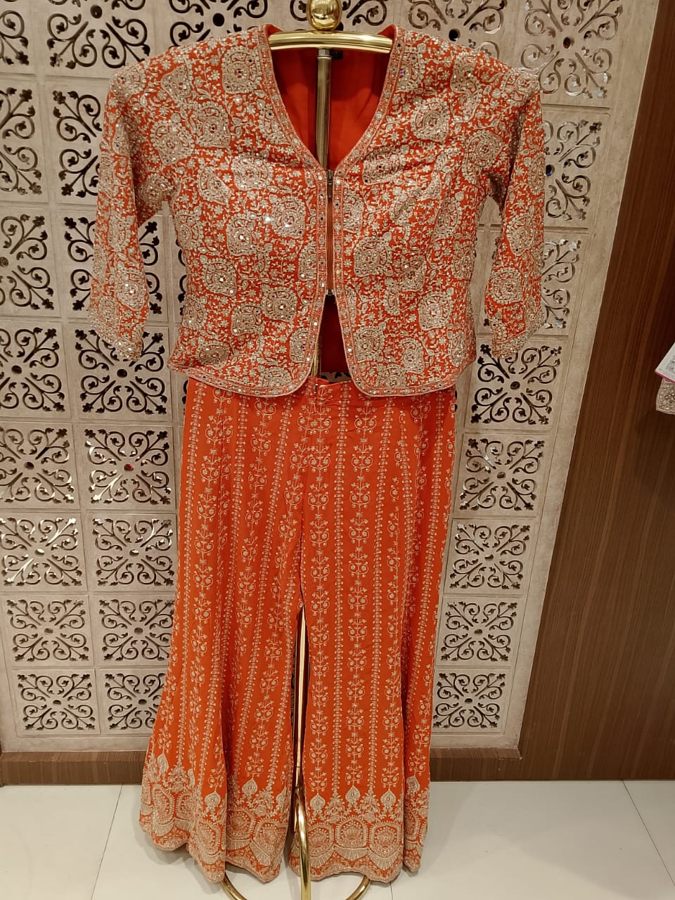 Rust Orange Embroidered Georgette Short Jacket, Inner Slip & Banarsi Palazzo 3-Piece Set.