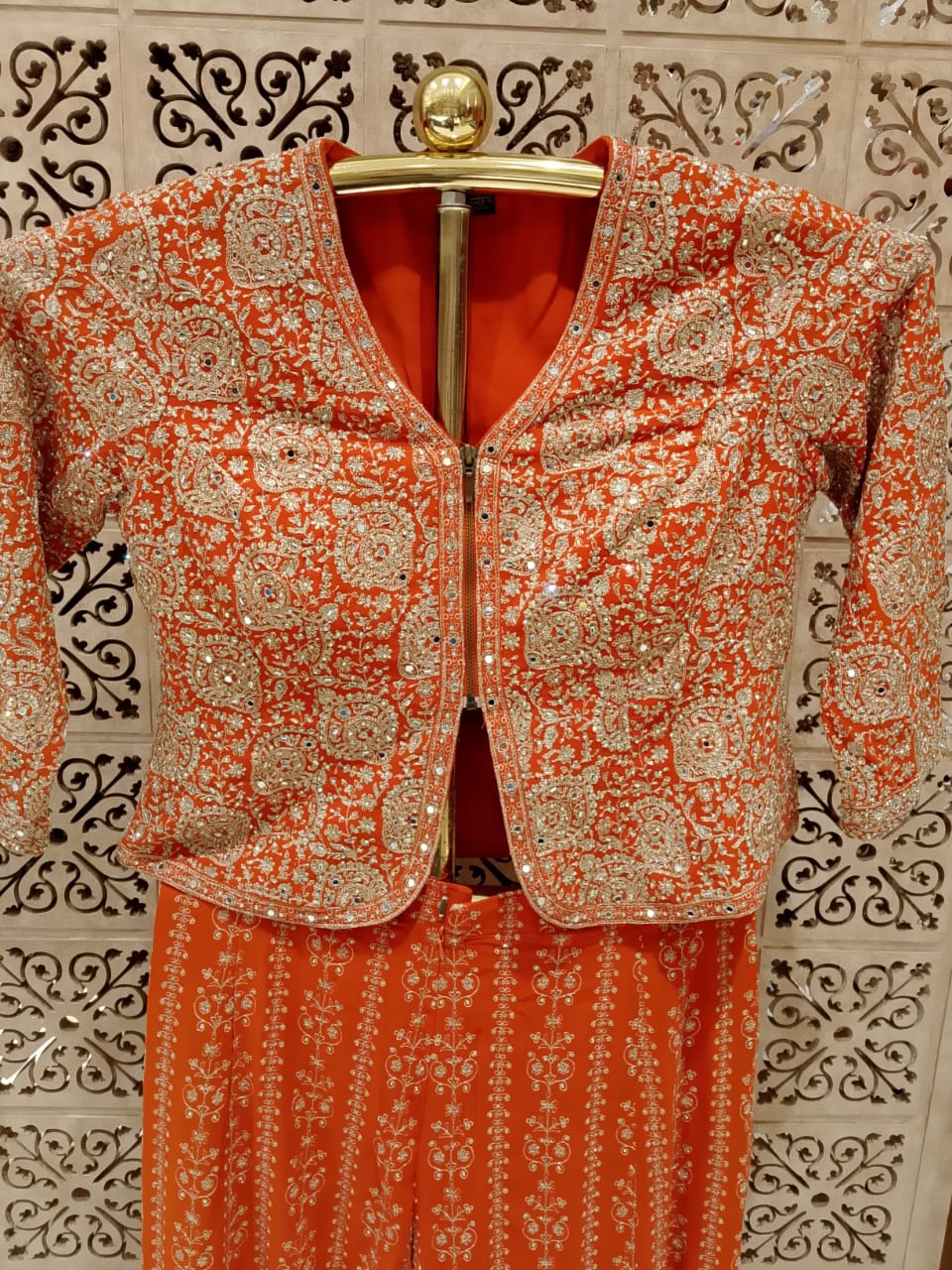 Rust Orange Embroidered Georgette Short Jacket, Inner Slip & Banarsi Palazzo 3-Piece Set.
