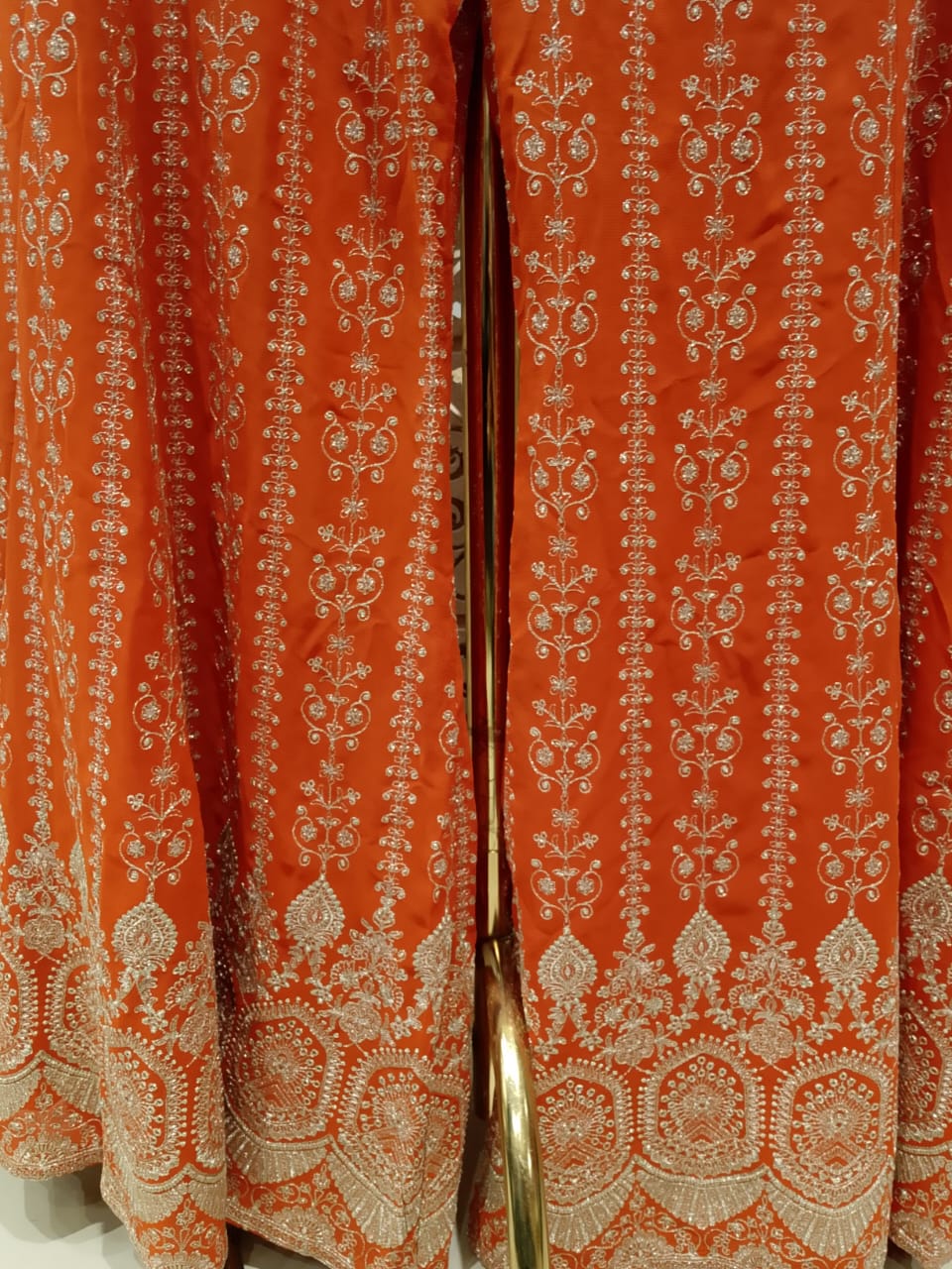 Rust Orange Embroidered Georgette Short Jacket, Inner Slip & Banarsi Palazzo 3-Piece Set.