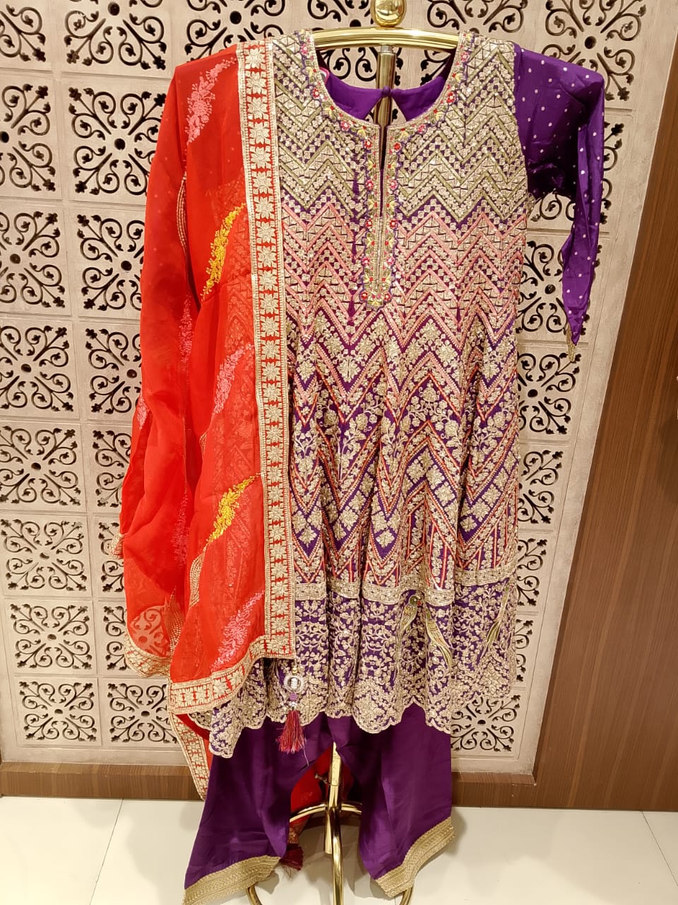 Dark Purple Embroidered Georgette Kurti, Pant & Red Dupatta Set  Mehendi, Sangeet, Diwali Parties, Wedding Guest Wear, Festivals