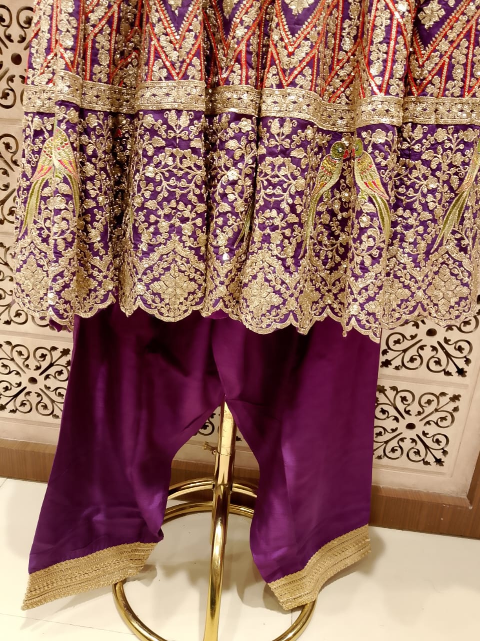 Dark Purple Embroidered Georgette Kurti, Pant & Red Dupatta Set  Mehendi, Sangeet, Diwali Parties, Wedding Guest Wear, Festivals
