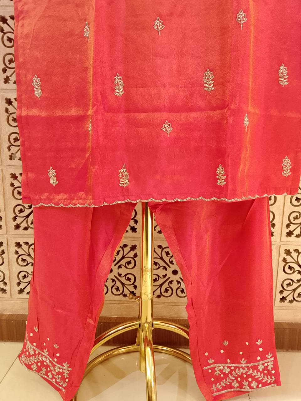 Radiant Rani Pink Silk-Blend Embroidered Kurta-Pant Set with Scalloped Dupatta.