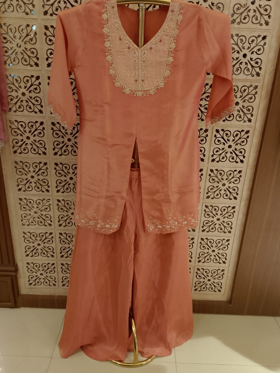 Pastel Peach Embroidered Front-Slit Kurta & Palazzo Set.
