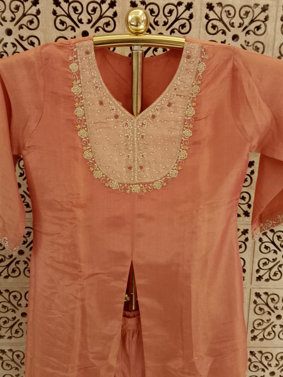 Pastel Peach Embroidered Front-Slit Kurta & Palazzo Set.