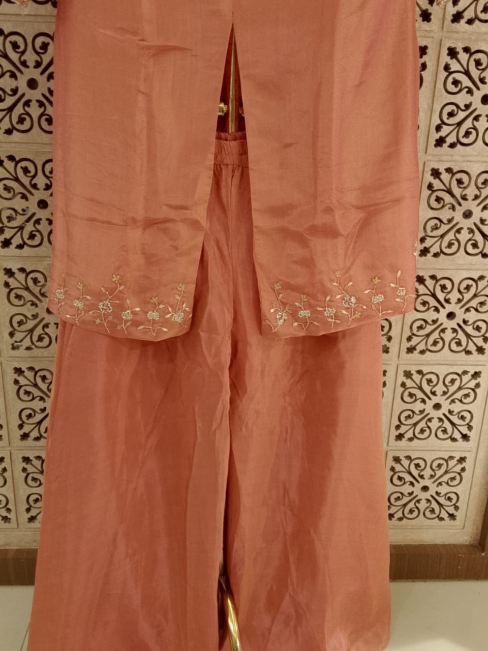 Pastel Peach Embroidered Front-Slit Kurta & Palazzo Set.