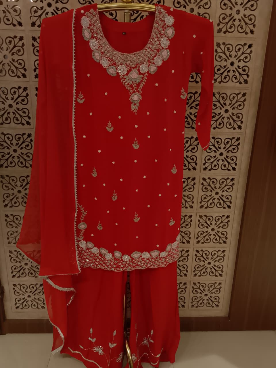 Scarlet Red Heavily Embroidered Georgette Kurta Palazzo Set with Dupatta