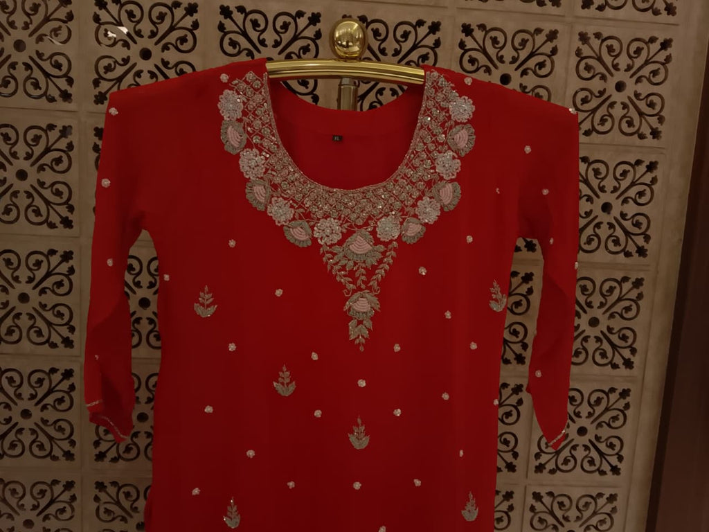 Scarlet Red Heavily Embroidered Georgette Kurta Palazzo Set with Dupatta