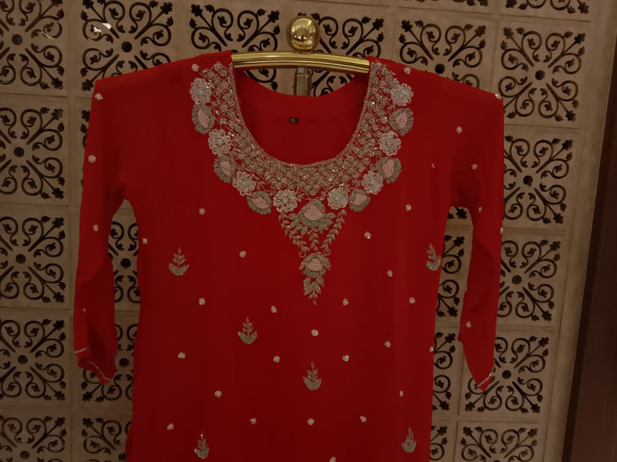 Scarlet Red Heavily Embroidered Georgette Kurta Palazzo Set with Dupatta