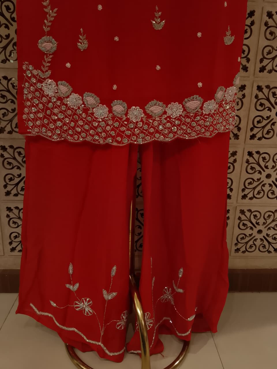 Scarlet Red Heavily Embroidered Georgette Kurta Palazzo Set with Dupatta