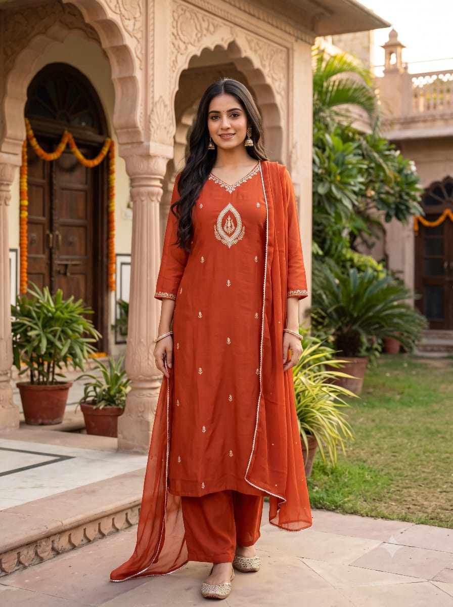 Light Red Zari-Embroidered Mul Chanderi Kurti Pant Set with Dupatta.