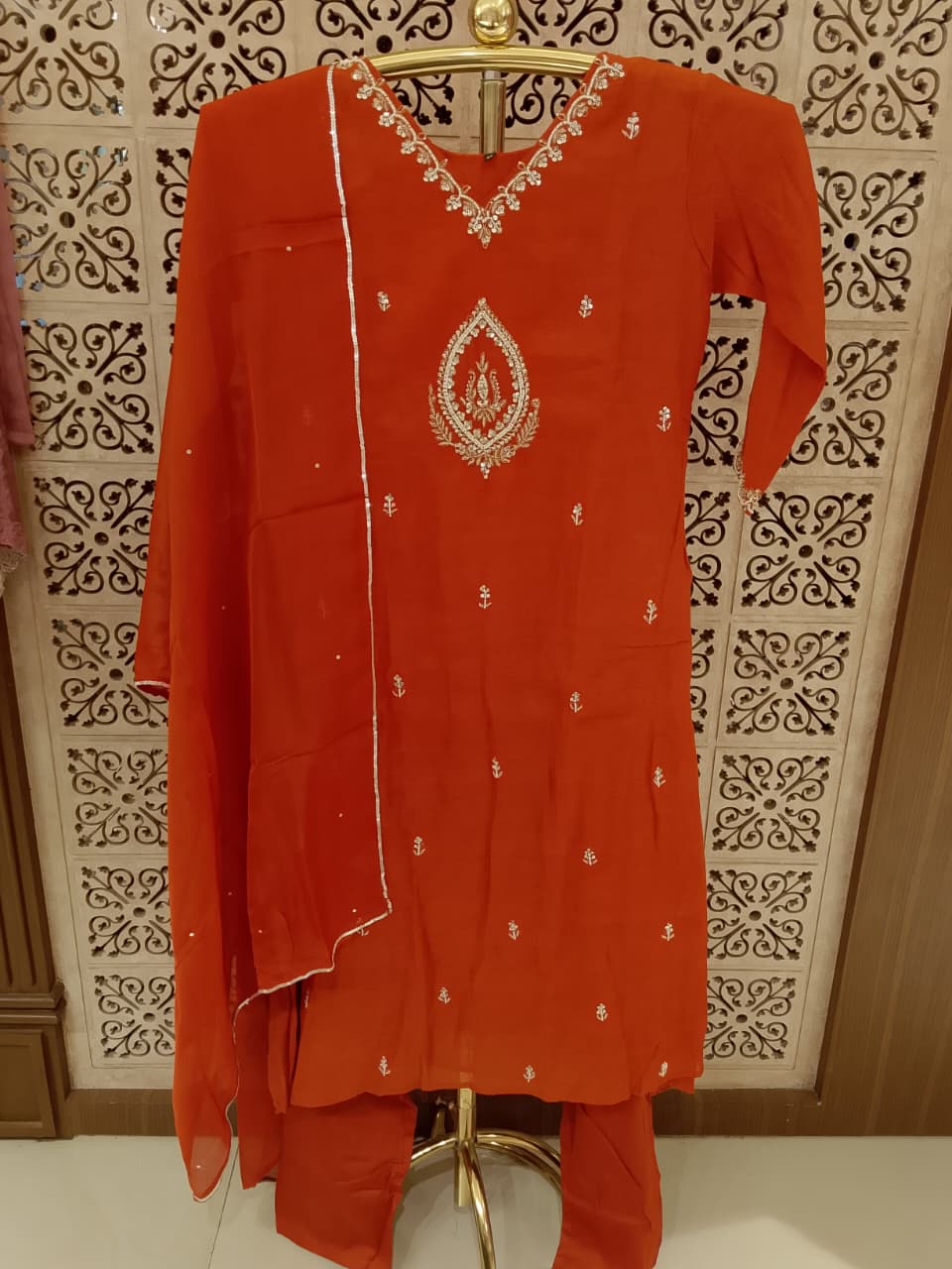 Light Red Zari-Embroidered Mul Chanderi Kurti Pant Set with Dupatta.