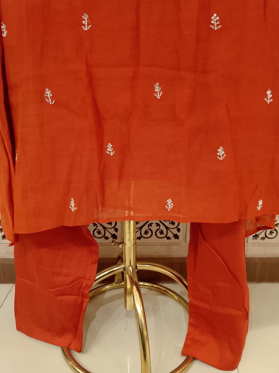 Light Red Zari-Embroidered Mul Chanderi Kurti Pant Set with Dupatta.