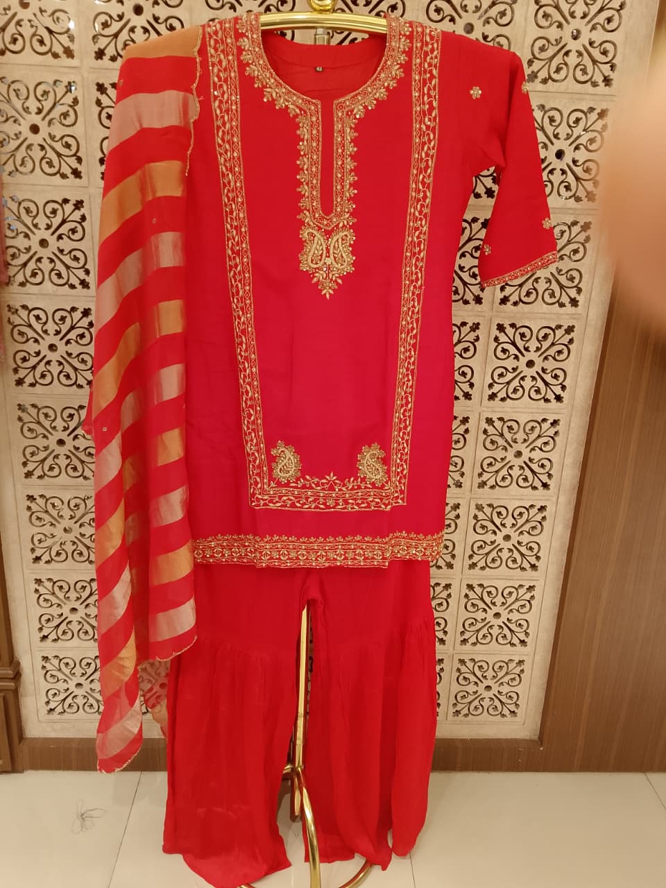 Vermilion Red Zari-Embroidered Georgette Gharara Set with Striped Dupatta.