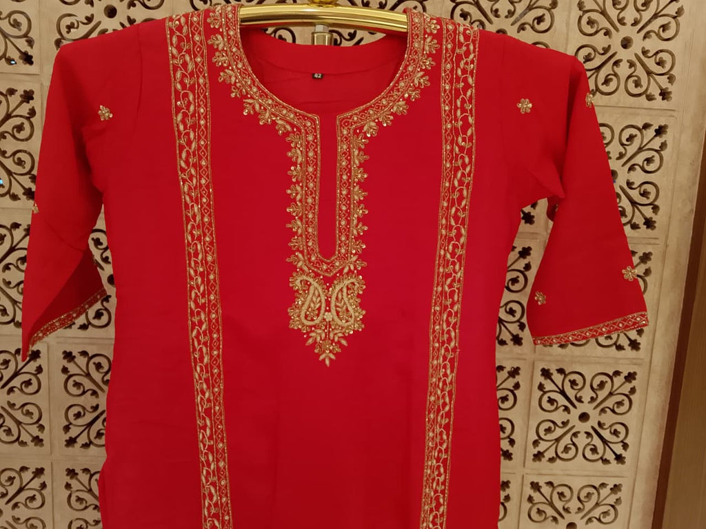 Vermilion Red Zari-Embroidered Georgette Gharara Set with Striped Dupatta.