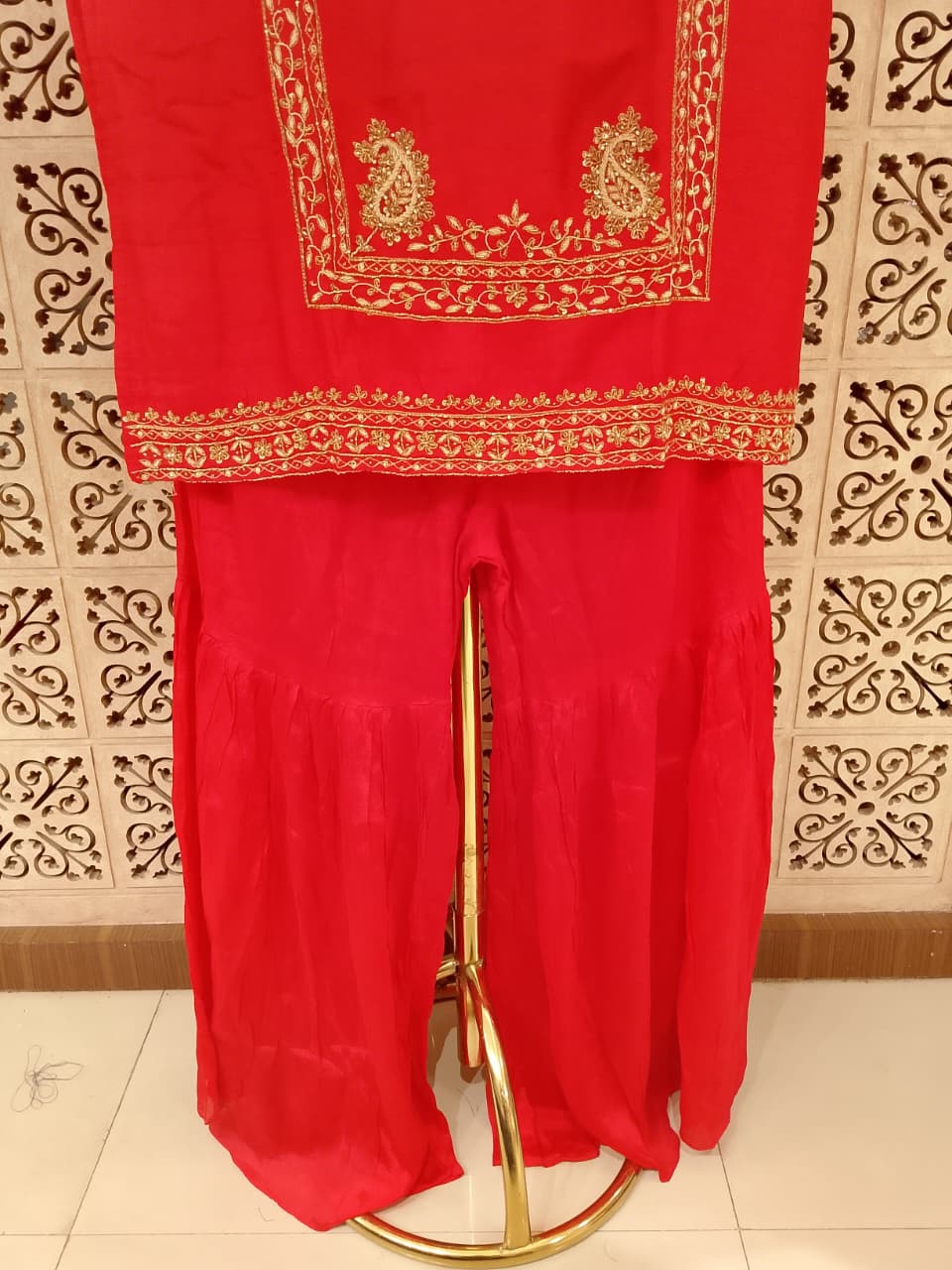 Vermilion Red Zari-Embroidered Georgette Gharara Set with Striped Dupatta.