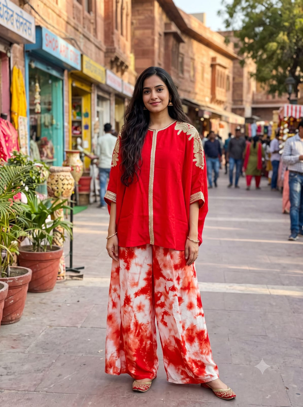 Crimson Red Kaftan-Style & Palazzo Set .