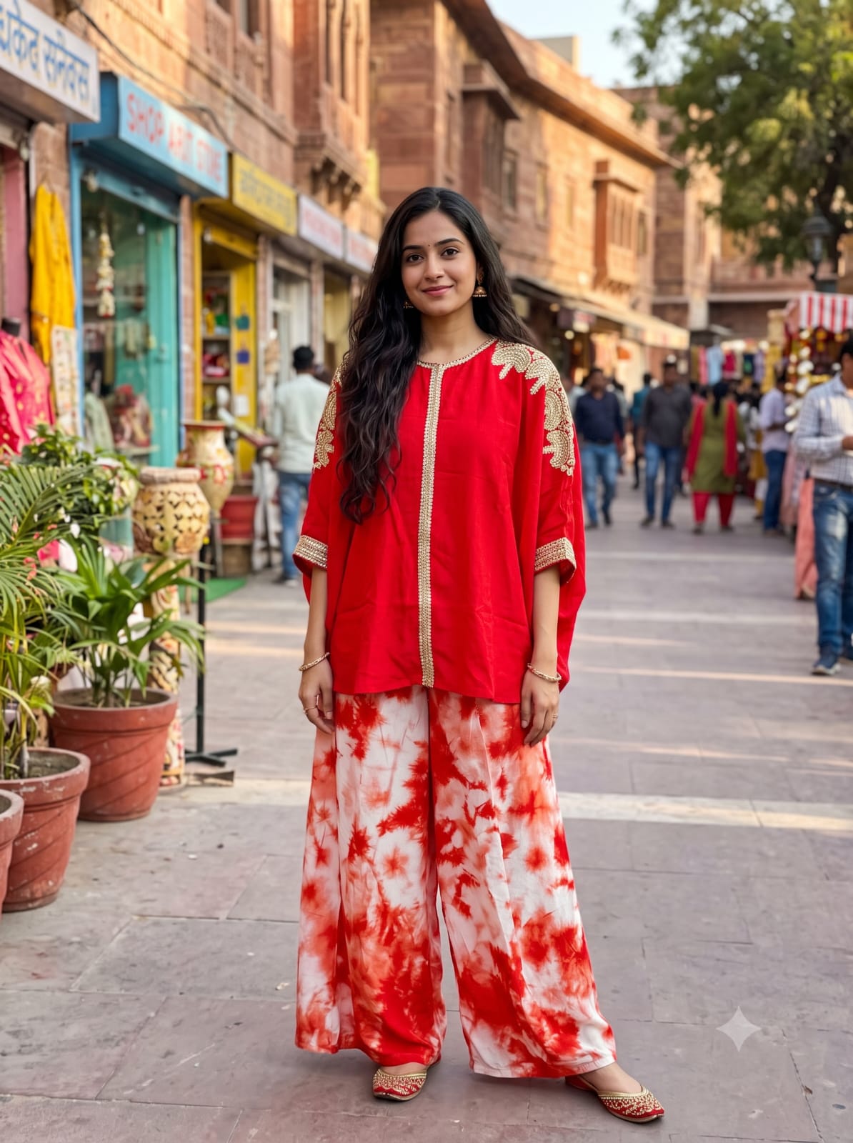 Crimson Red Kaftan-Style & Palazzo Set .