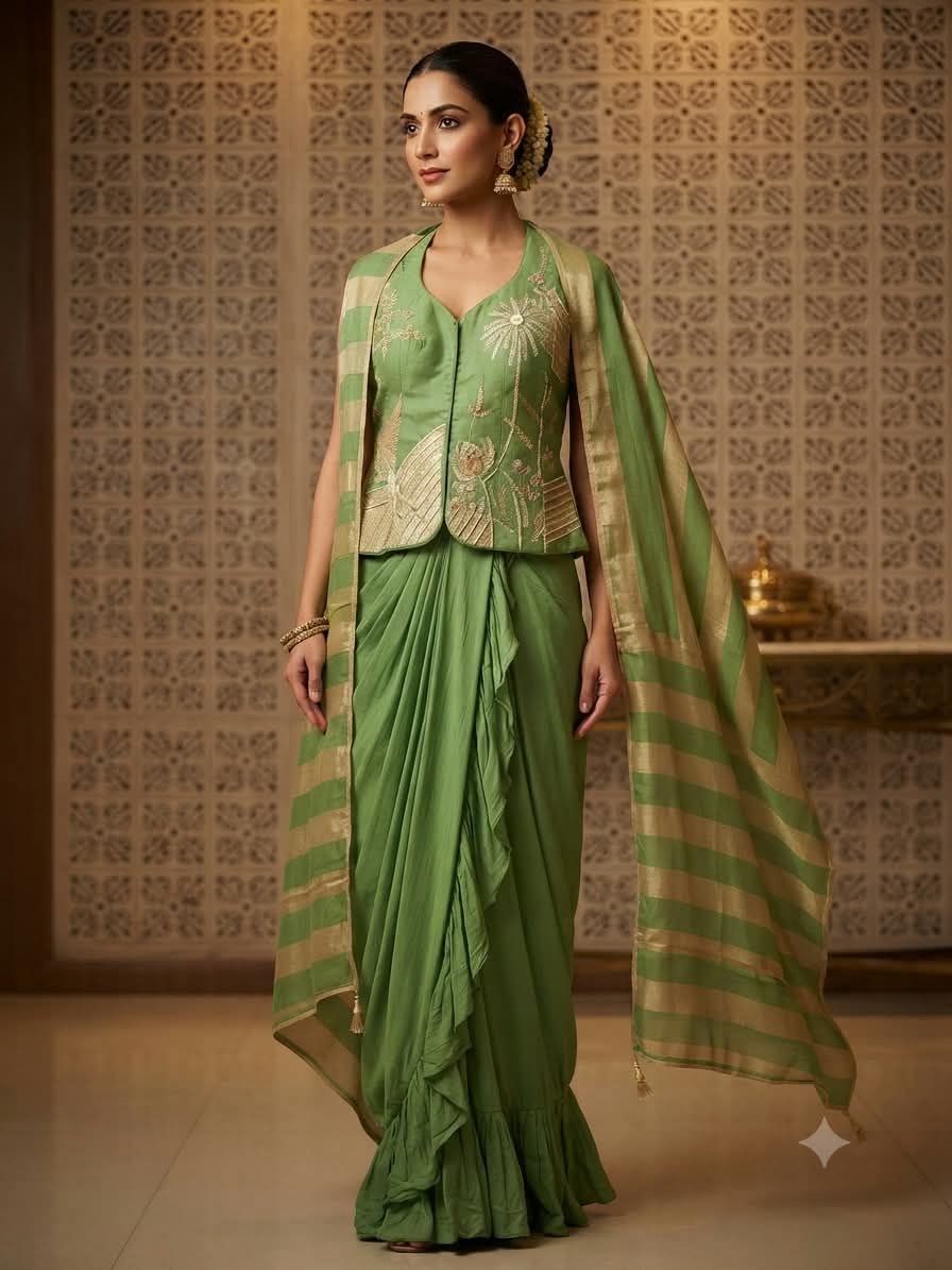Sage Green Embroidered Waistcoat,Tulip Skirt & Dupatta 3-Piece Set.