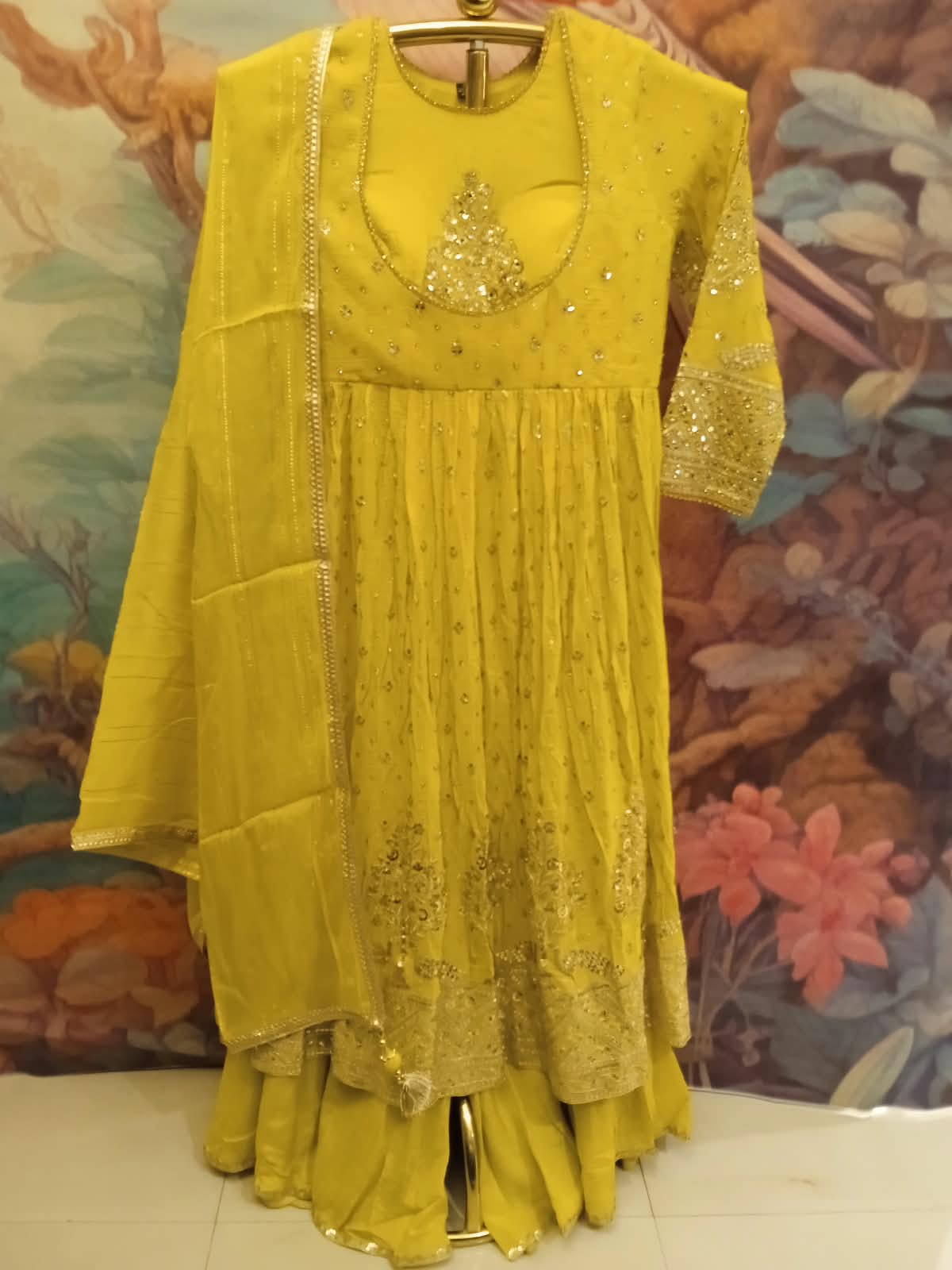 Olive Lime Georgette Anarkali Palazzo Set with Sheer Dupatta .