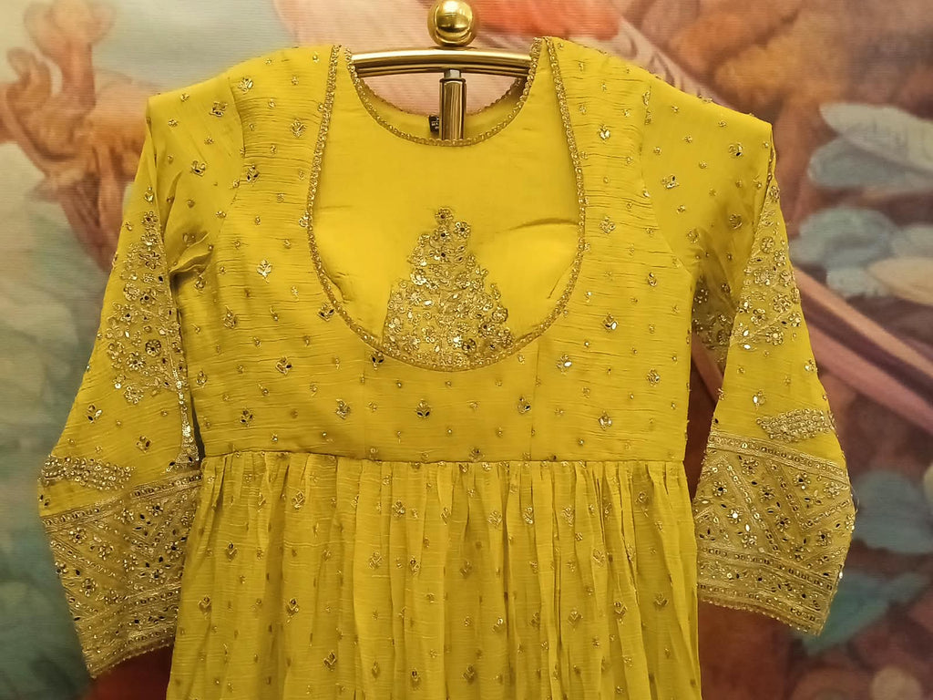 Olive Lime Georgette Anarkali Palazzo Set with Sheer Dupatta .