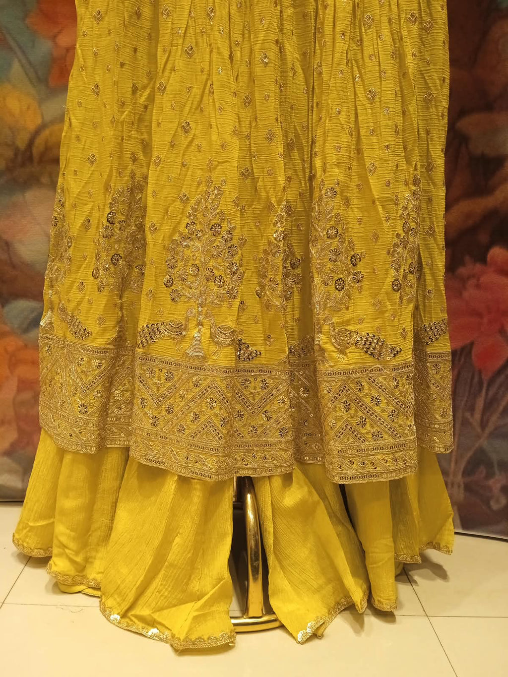 Olive Lime Georgette Anarkali Palazzo Set with Sheer Dupatta .