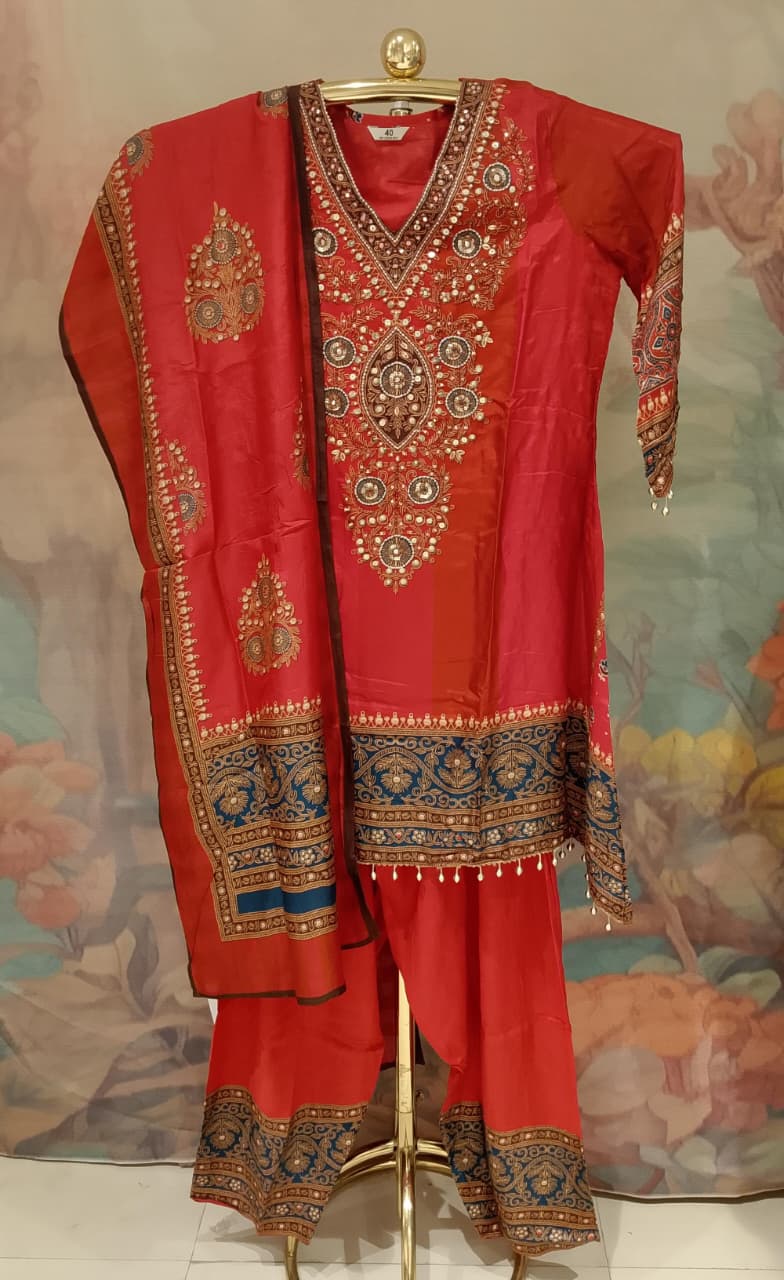 Royal Crimson Ajrakh-Print Kurta Pant Set.