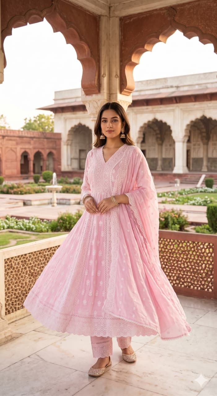 Baby Pink Mul Cotton Chikankari Anarkali Suit Set with Lace Inserts.