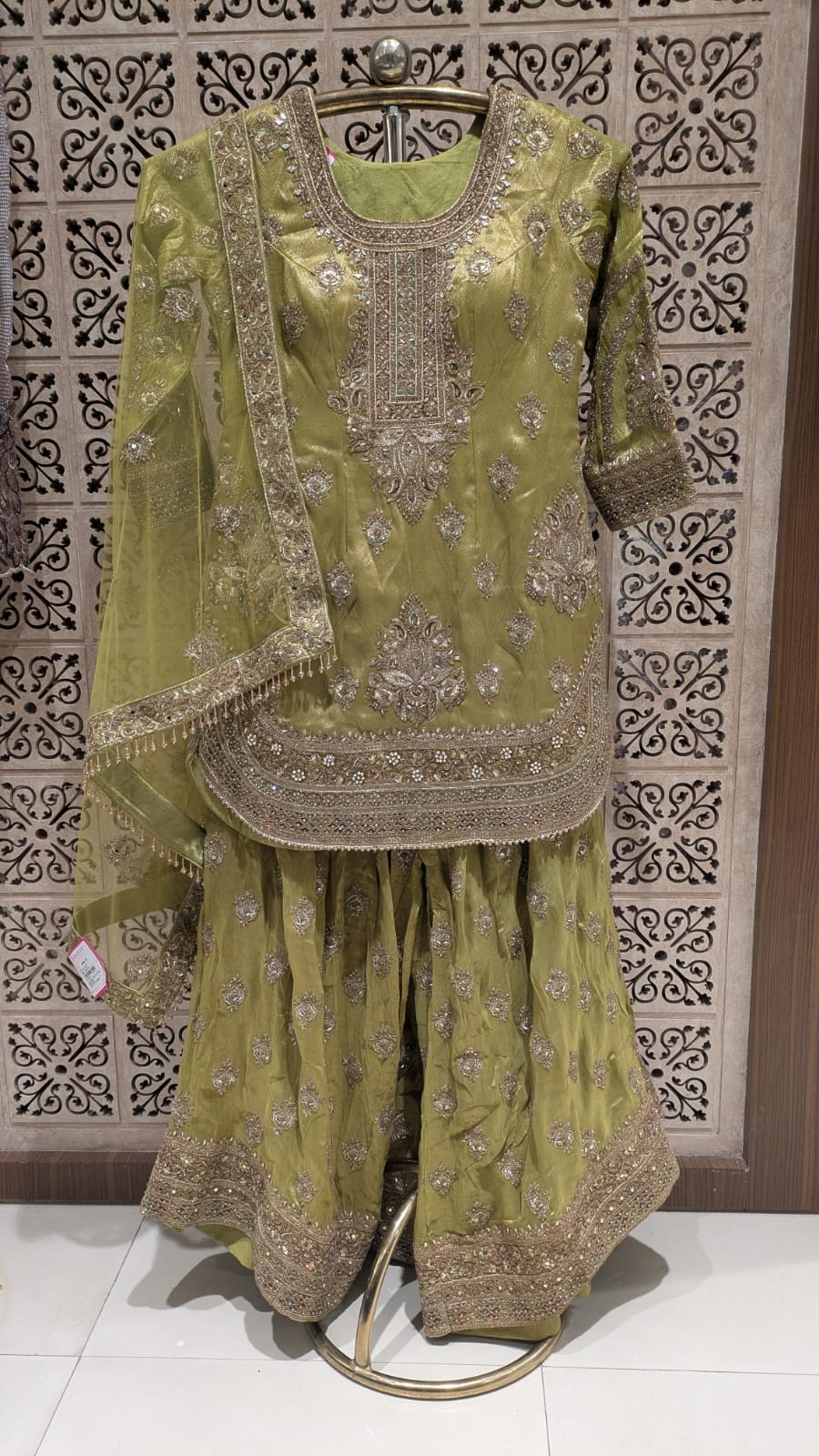 Olive Green Simmer Silk Pakistani Palazzo Suit with Heavy Zardozi Work.