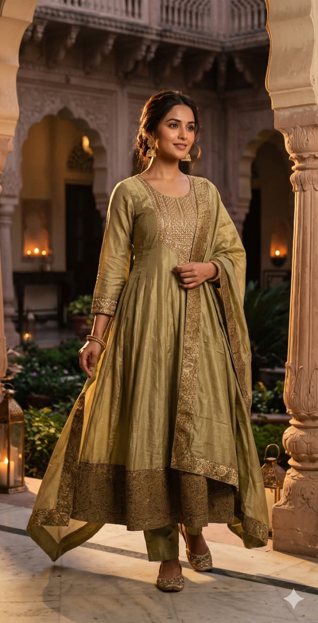 Olive Gold Flared Anarkali Kurta and Pant Set.