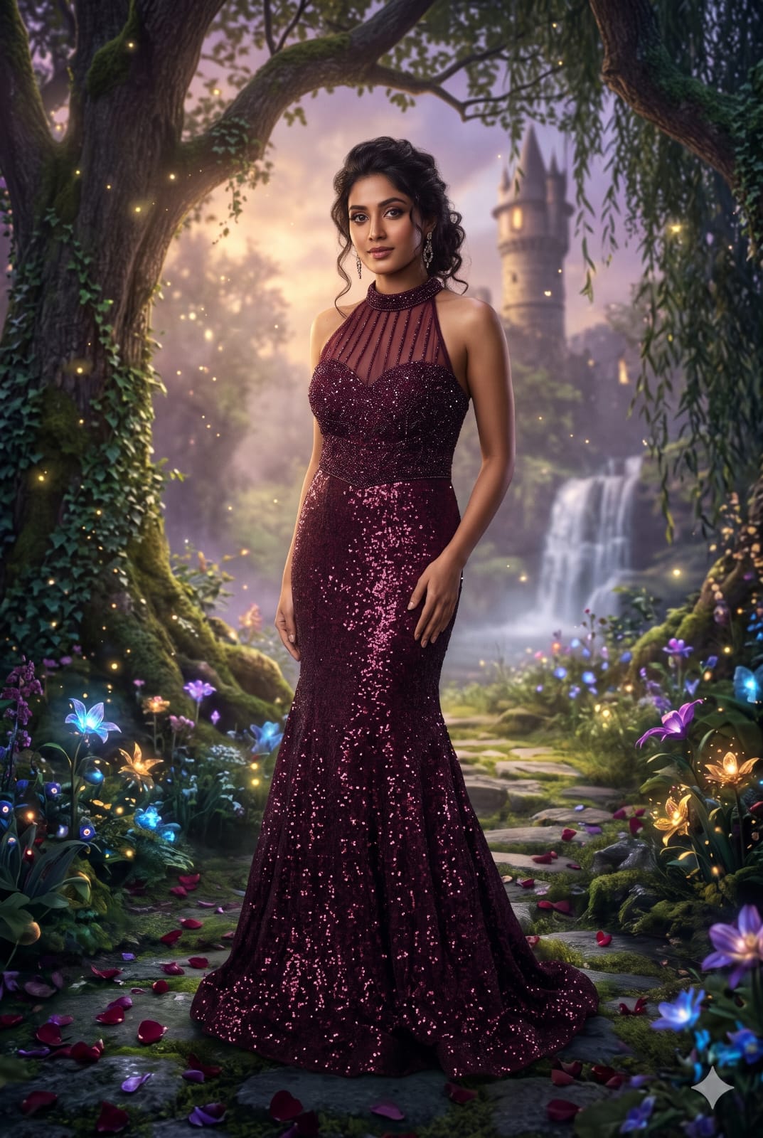 Wine Plum Red Sequined Fish-Cut Gown with Sheer Halter Neck and Cascading Ruffle Cape