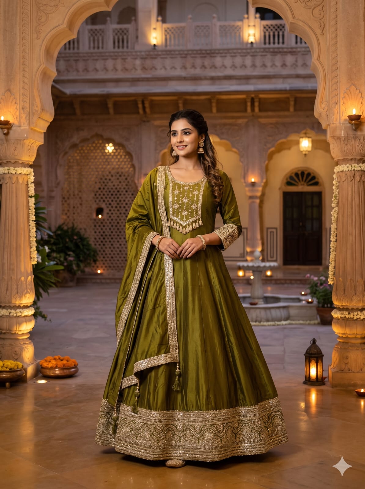 Green Anarkali Suit Set crafted from premium Satin silk.
