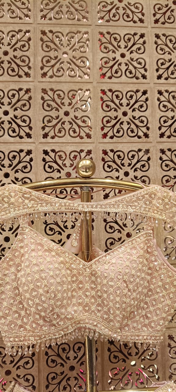 Ethereal Pastel Rose Gold  Multicolored Fish-Cut Lehenga Set.