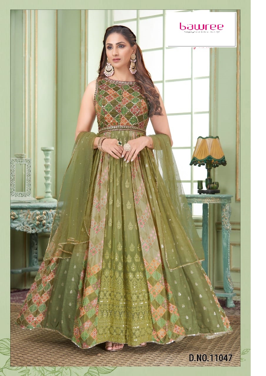 Green Colour Designer Printed Partywear Gown With Attached Dupatta And Belt  - KSM PRINTS - 4144533