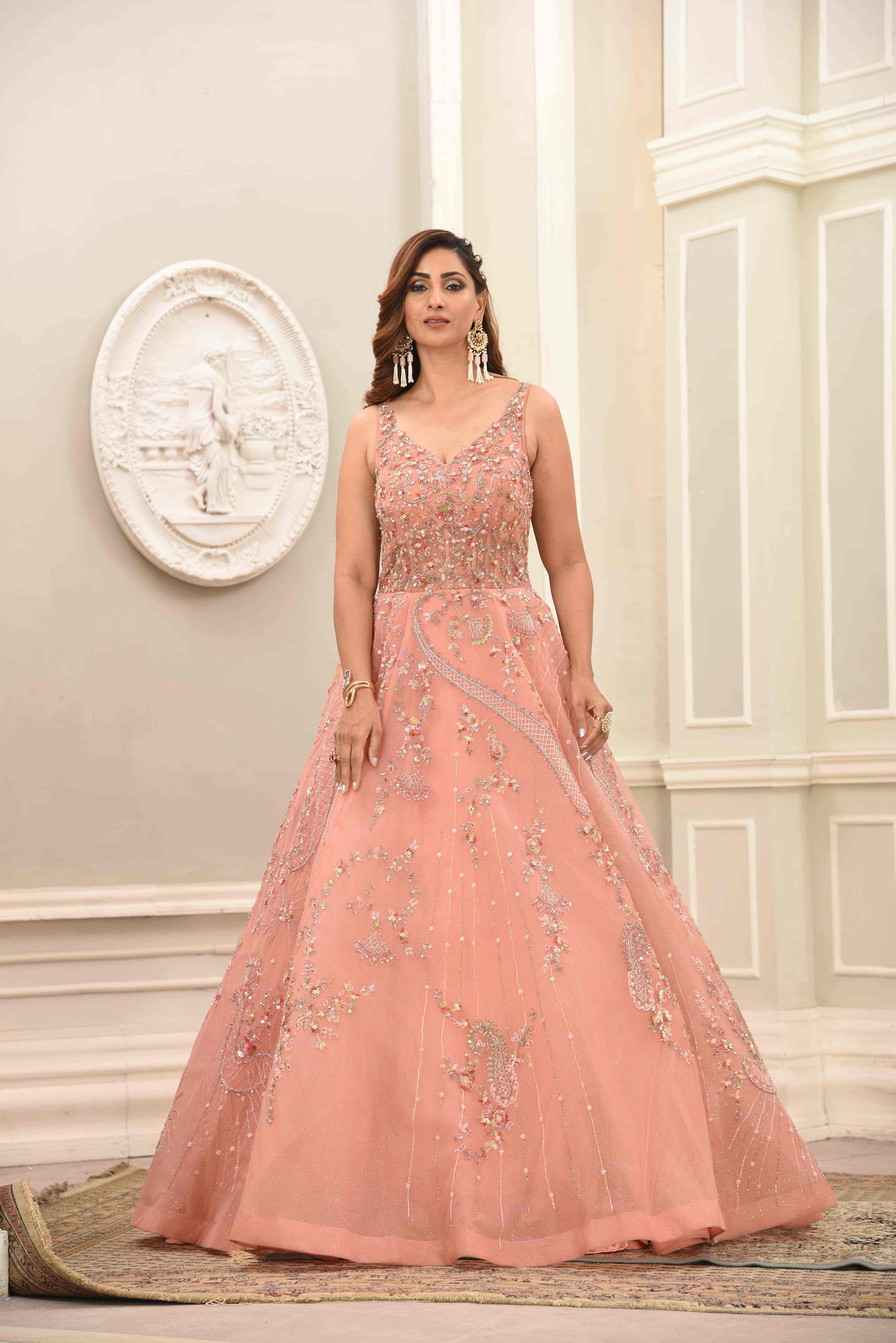 Diamond Beaded Peach Empire Waist Long Prom Dress - Promfy