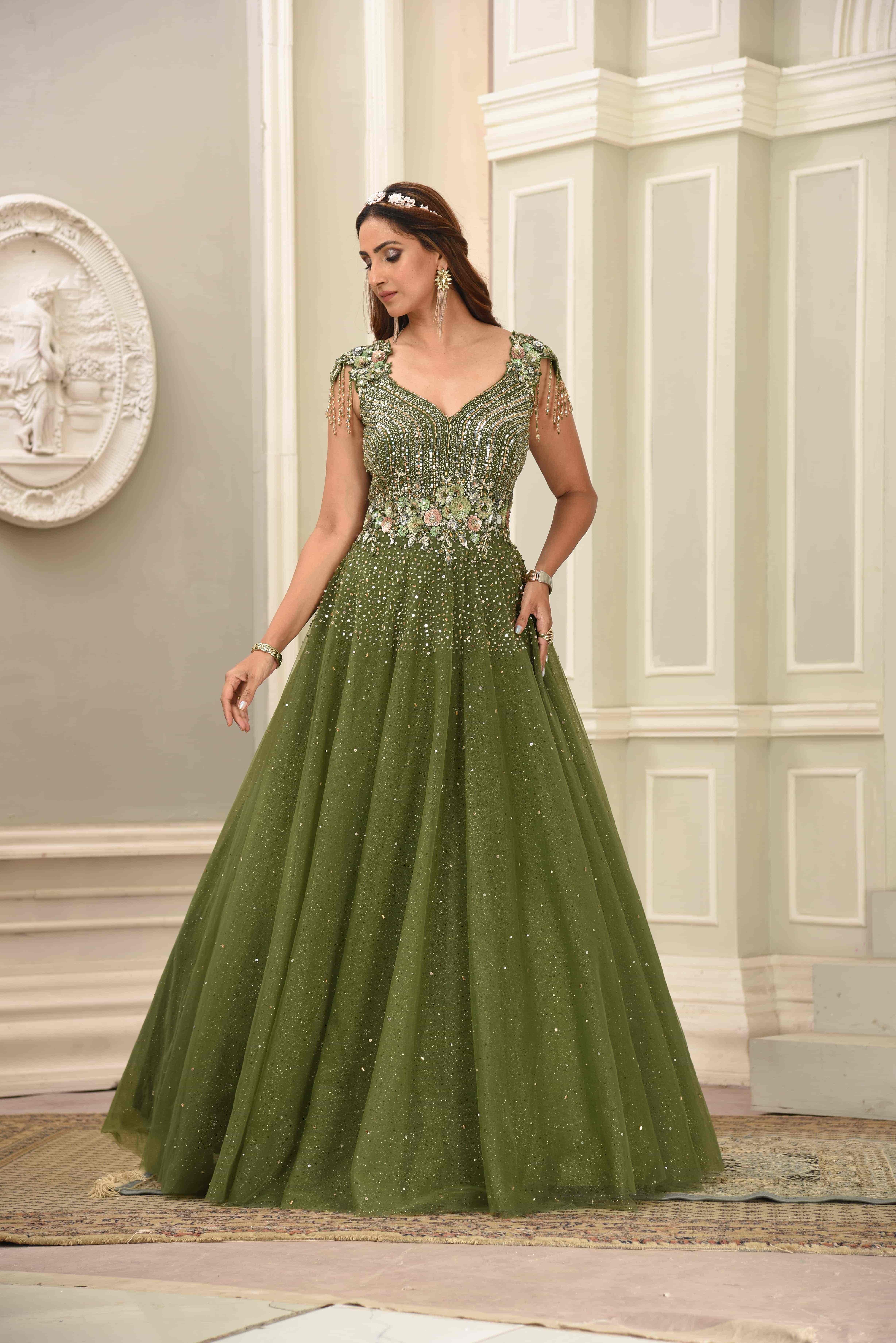Blended Cotton Maslin Gown in Green in 2023 | Silk wedding gown, Designer  anarkali suits, Designer anarkali